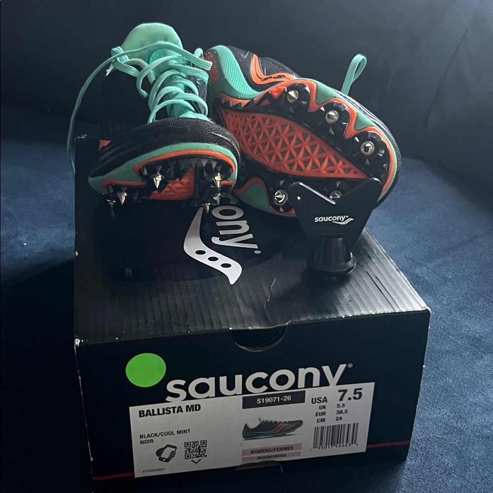 Saucony Ballista Running Spikes - Black, Mint, and Orange